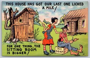 Comic~Sitting Room Is Bigger~Hill Billy Couple W/ Outhouse & Cabin~Linen PC