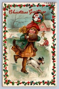 J92/ Merry Christmas Holiday Postcard c10 Pretty Girl Dog Ice Skating 219