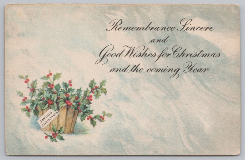 Holiday~Christmas~Basket Full of Holly Berries~Vintage Postcard 