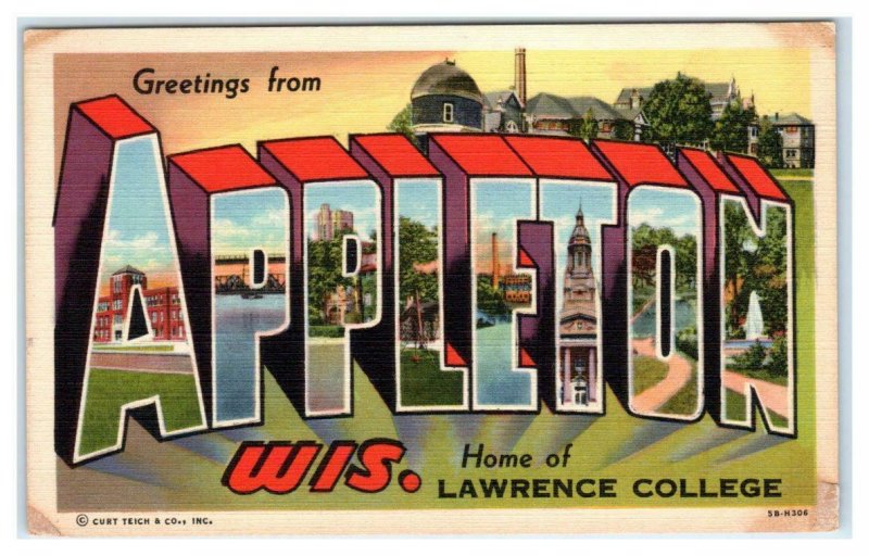 Large Letter Linen APPLETON, WI ~ Outagamie County Curt Teich c1940s Postcard