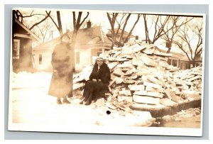 Vintage 1930's RPPC Postcard Women Pose Next to Rubble in Residential Area