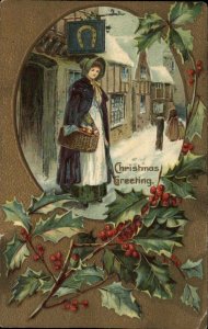 Christmas Beautiful Woman on Street Corner Holly Border c1910 Vintage Postcard