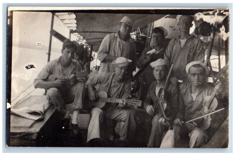 US Navy Sailors Postcard RPPC Photo Playing Musical Instrument On Ship c1910's