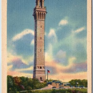 c1940s Provincetown MA Pilgrim Memorial Monument Cars Nice Linen Tichnor PC A204