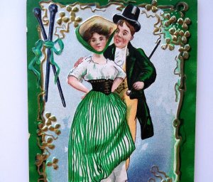 St Patricks Day Postcard Old Erin Gold Shamrocks Man Lady Ireland 1912 Series 3