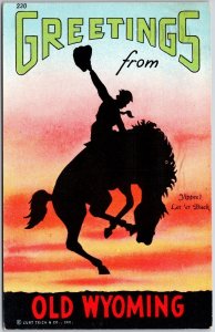 1950 Greetings From Old Wyoming WY Sunset Cowboy Horse Posted Postcard