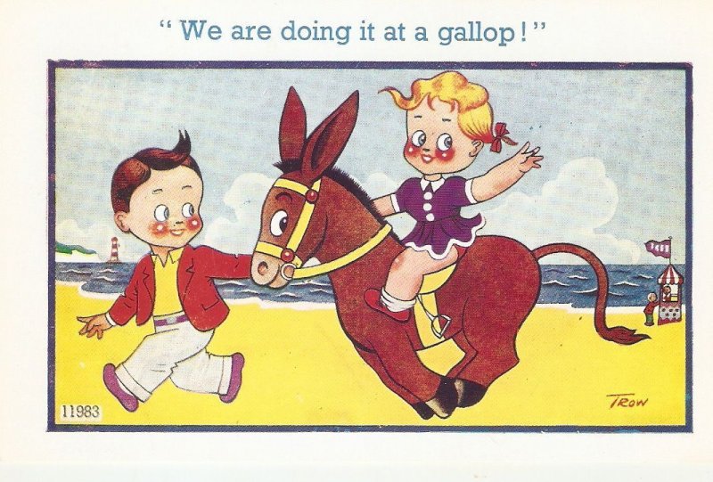 Trow. Children. We are doing it in a gallop   Humorous old vintage artist sign