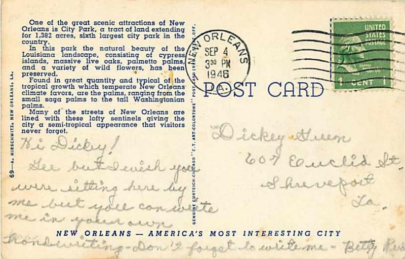 Anseman Drive in City Park New Orleans LA Louisiana 1945 Linen