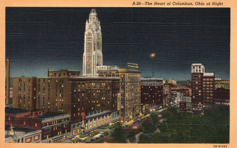 Vintage Postcard 1920's View of The Heart of Columbus Ohio at Night OH