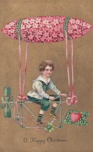 Flying Bicycle With Clover Leaf Pink Flower Hot Air Balloon Antique Postcard