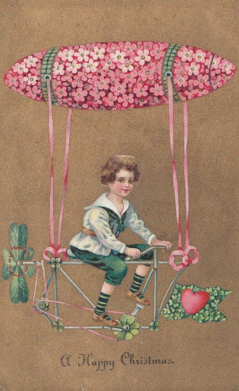 Flying Bicycle With Clover Leaf Pink Flower Hot Air Balloon Antique Postcard
