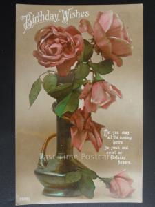 Birthday Greetings: BIRTHDAY WISHES, Vase of Roses c1925 - Old RP Postcard