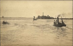 Hampton VA Navy Boats GASOLIN Sign in Distance Dock Real Photo Postcard