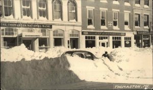 Thomaston ME Main St. Car Buried in Snow Bank & Hardware Store 1952 RPPC