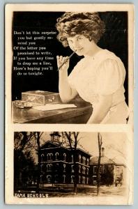 Tama Iowa~School Building~Lovely Lady Chews Pen~Leo Reminds To Write~1913 RPPC