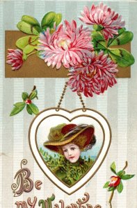 C. 1910 Pink Mums Lovely Woman Heart Pendant Valentine Vintage Postcard F24