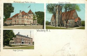 c1905 Multiview Postcard Copper Windows, Westerly RI Library Church High School