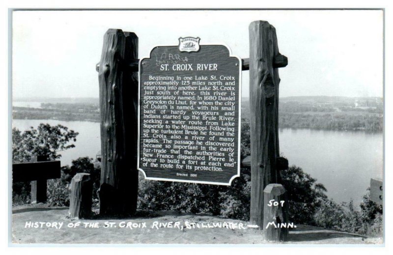 RPPC  STILLWATER, MN ~ History of ST. CROIX RIVER Roadside Sign c1950s  Postcard