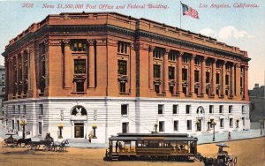 Los Angeles California c1910 Postcard New Post Office Federal Building Streetcar