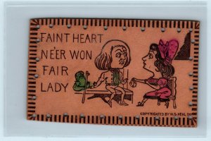 Leather Postcard Faint Heart Ne'er Won Fair Lady Romantic Couple Heal 1907