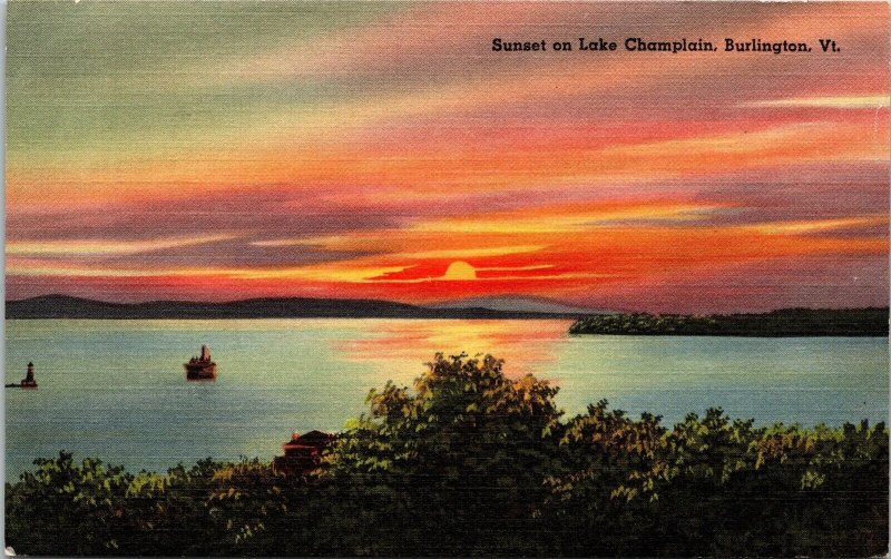 Lake Champlain Sunset View Burlington Vermont Scenic Landscape Linen Postcard 