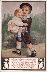 Rally Day Boy Holding Baby and Kitten Church Recruiting c1910 Vintage Postcard