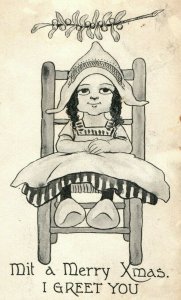 Circa 1910 Cute Dutch Girl Dialect Mit a Merry Xmas Holly Berries Postcard P16 