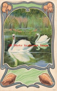 Art Nouveau, Unknown No 3318, Two White Swans Swimming in Lake, Sea Shell