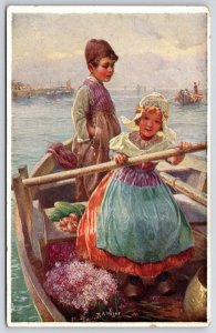 Cute Couple Dating At The Boat Happy And Romantic Faces Painting Postcard