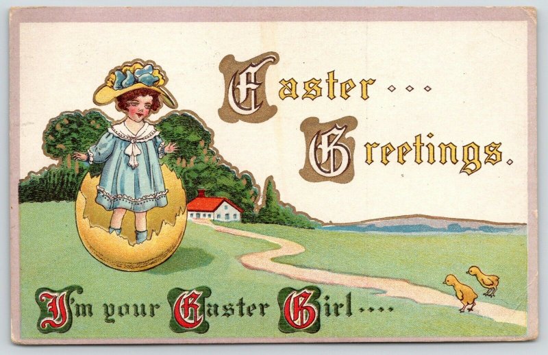 Easter Fantasy~Girl in Sunday Best Stands in Yellow Egg Shell~Chicks~Emboss~1914
