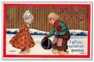 c1910's Christmas Greetings Dutch Kids Winter Gel Gold Gilt Embossed Postcard