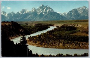 Vtg Wyoming WY Snake River & Grand Teton Range Mountain View Postcard