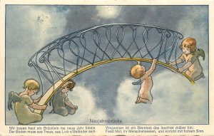 Drawn cupid angels New Year bridge fantasy greetings postcard 1931 Switzerland