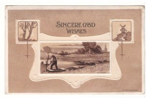 Sincere Good Wishes, Rural Scene, 1909 Sepia Greetings Postcard, S.M. Salke