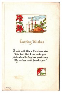 1916 Lasting Wishes, Turkey, Poinsettia, Embossed, Greetings Postcard