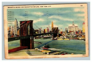 Vintage 1945 Postcard Brooklyn Bridge and Manhattan Skyline New York City NY