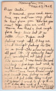 Larrahee Maine ME Postal Card Letter to Auntie H.E. Thompson 1924 Harrington ME