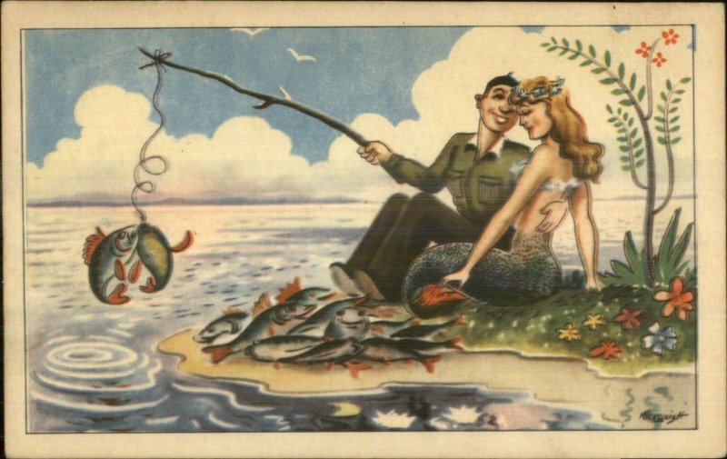 Fantasy Man Fishing on Island w/ Sexy Mermaid c1940 Postcard 