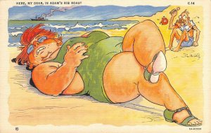 Ray Walters Bathing Comic Adam's Rib Roast Beach Fat Woman '40s Vintage Postcard