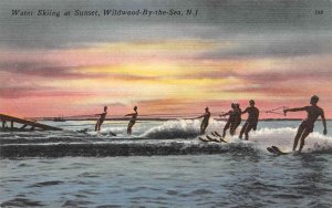 WILDWOOD-BY-THE-SEA, New Jersey NJ   WATER SKIING At SUNSET   ca1940's Postcard