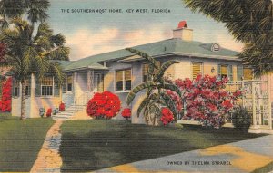 SOUTHERN MOST HOME KEY WEST FLORIDA THELMA STRABEL OWNER POSTCARD (c. 1940s)