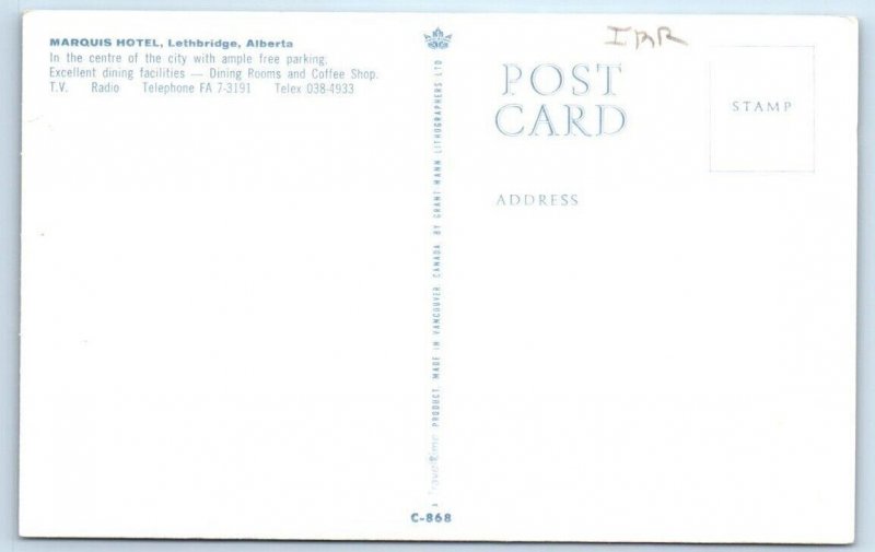 Marquis Hotel restaurant interior LETHBRIDGE Alberta Canada Postcard