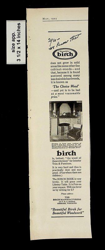 1925 Beautiful Birch Interior and Furniture Vintage Print ad 14838