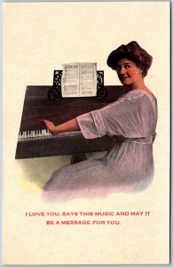 I Love You, Says This Music- Woman In White Dress Playing Piano Postcard