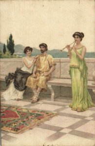 PC CPA WOVEN SILK, LADY PLAYING ON THE FLUTE, VINTAGE SILK POSTCARD (b15057)
