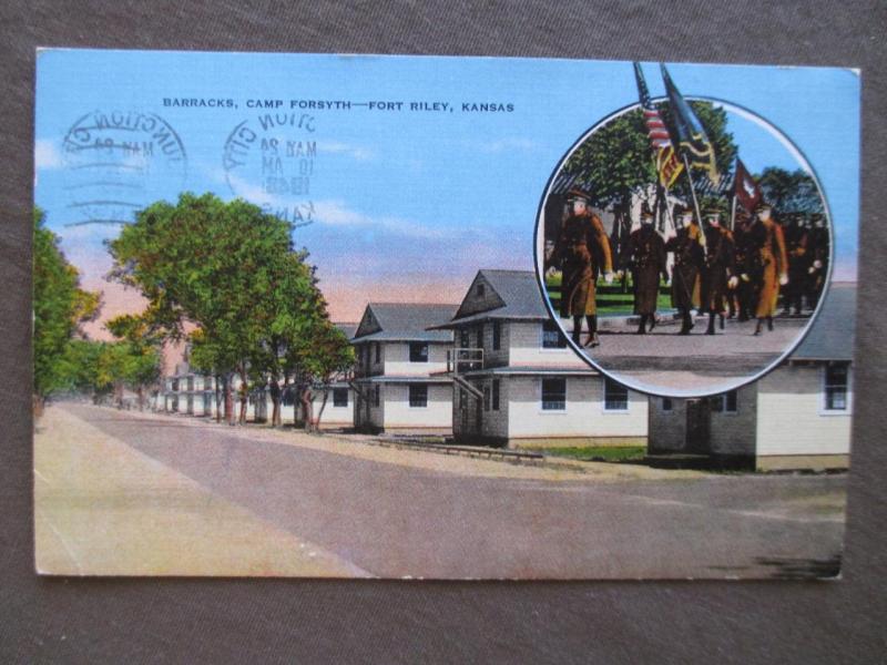 1943 USA Soldiers Field Post Stampless Postcard- Camp Forsyth, Ft Riley KS (WW5)