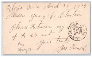 1889 Return Order Young & Co. Floris Iowa IA Clinton Iowa IA Postal Card 