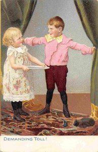 Demanding Toll Boy Girl at Curtain Tuck Little Men & Women series postcard