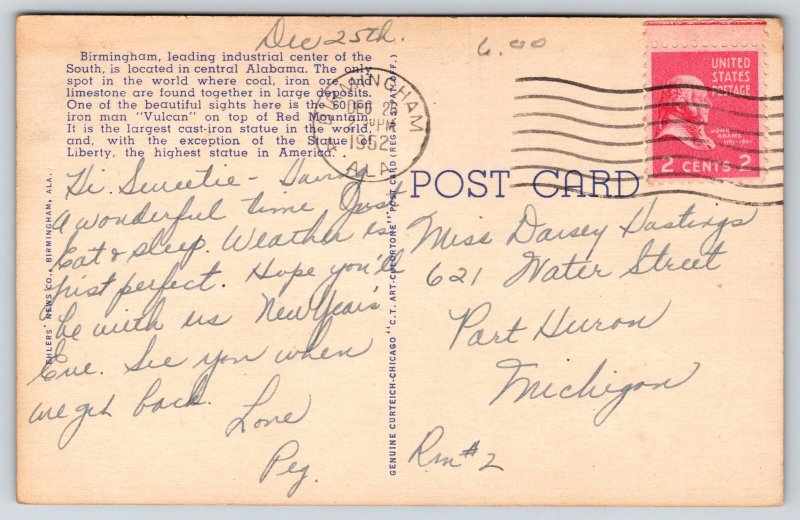 Birmingham Alabama~City Aerial View~Bridge~Skyscraper Bldg~Linen 1952 Postcard