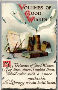 Volumes of Good Wishes Library Books Pens Inkwell Vintage Postcard E11